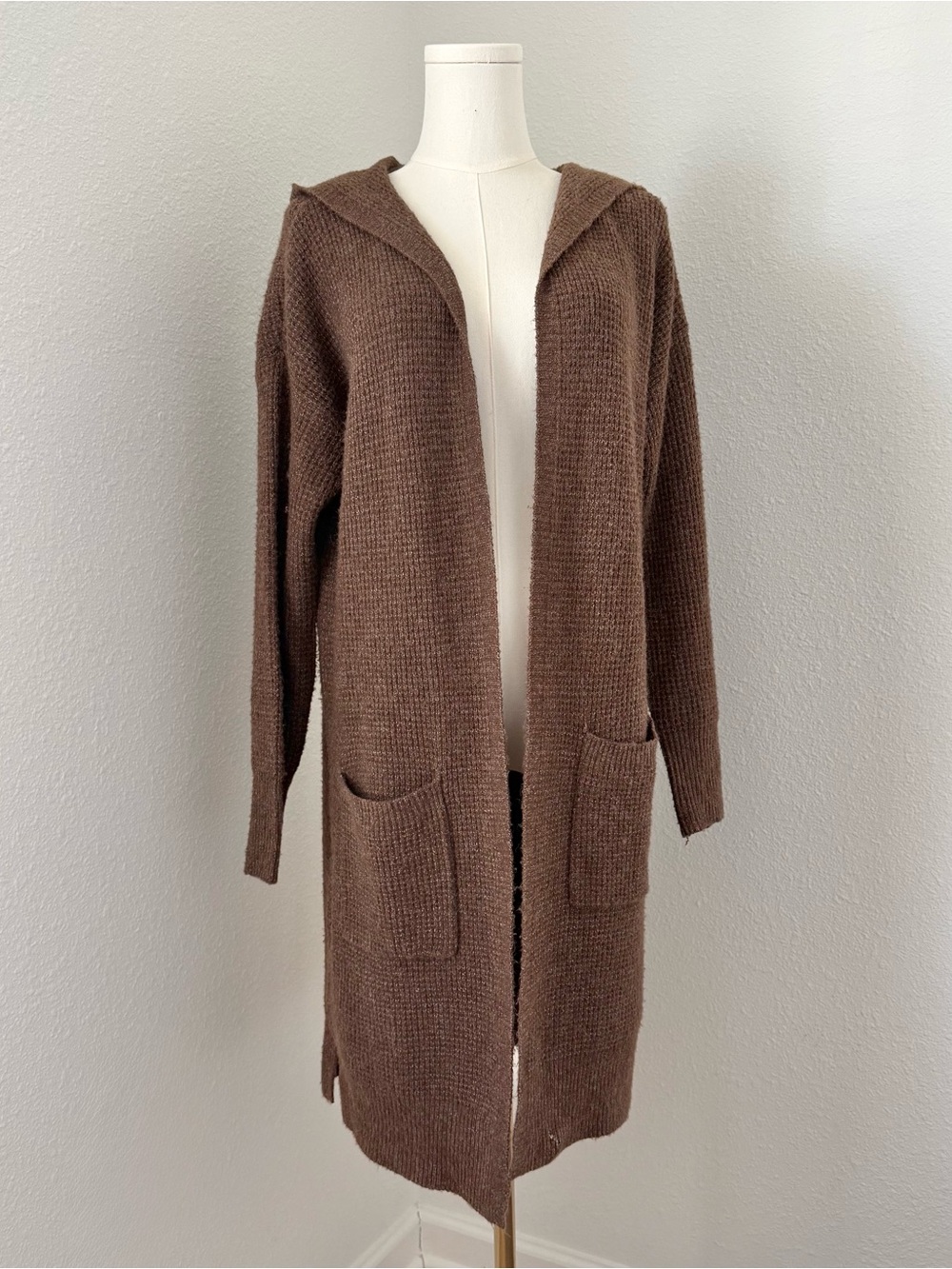 Pink Rose Brown Duster Cardigan Pockets Hooded Open Front Knit Sweater SM *FLAW*